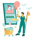 Friendly smiling cleaning company staff, flat cartoon vector illustration.