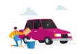 Cleaning Company Employee Working Process, Man Cleaning Vehicle. Car Wash Service on Auto Station Concept