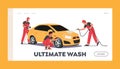 Cleaning Company Employees Work Landing Page Template. Car Wash Service Concept. Men Workers Characters