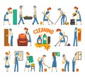 Cleaning Company Staff in Uniform Working with Equipment Washing House Big Vector Set