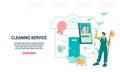 Cleaning company website template with cleaner or janitor, vector illustration