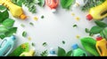 Cleaning concept background pattern featuring colorful detergent bottles and brushes, surrounded by green spring