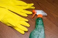 Cleaning concept. Cleaning tools: spray, rubber gloves and sponge.