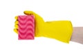 Cleaning concept - hand in a yellow rubber glove holds a pink sponge Royalty Free Stock Photo
