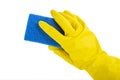 Cleaning conept hand cleaning glass window pane with detergent and wipe or rag Royalty Free Stock Photo