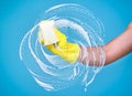 Cleaning conept - hand cleaning glass window pane with detergent Royalty Free Stock Photo