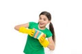 Cleaning could be fun. Housekeeping duties. Wash dishes. Cleaning with sponge. Cleaning supplies. Girl in rubber gloves