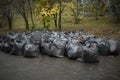 Cleaning day in Russia. Lots of bags of leaves. Black garbage bags. After cleaning yard Royalty Free Stock Photo