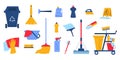 Cleaning detergent. Doodle housekeeping supplies. Household cleanup service equipment. Rubber gloves. Bucket and housework