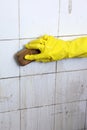 Cleaning of dirty old tiles in a bathroom Royalty Free Stock Photo