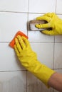 Cleaning of dirty old tiles in a bathroom Royalty Free Stock Photo