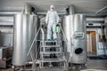 Cleaning and disinfection of brewing kettles. Man in hazmat suit with spray bag