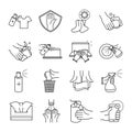 Cleaning disinfection, coronavirus prevention sanitizer products line style icons set