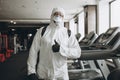 Cleaning and Disinfection in crowded places amid the coronavirus epidemic Gym cleaning and disinfection Infection prevention and Royalty Free Stock Photo