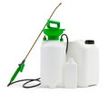 Cleaning and disinfection tools kit, isolated on white background with clipping path. Manual pump sprayer nebulizer and jerry can Royalty Free Stock Photo