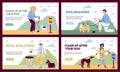 Clean after dog web banners with owners picking up waste, vector illustration.