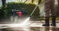 Cleaning driveway, clean dirty powerful, road washing, Royalty Free Stock Photo