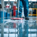 Cleaning epoxy floor service staff using a mop in uniform Royalty Free Stock Photo
