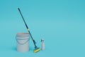 cleaning equipment. bucket, floor mop and dust remover. copy paste, copy space. 3d render Royalty Free Stock Photo