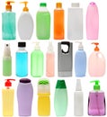 Cleaning equipment .19 colored plastic bottles Royalty Free Stock Photo