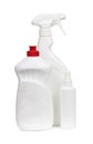 Cleaning equipment, detergent bottles and chemical cleaning supplies, isolated on white background..Set of 3 white plastic bottles Royalty Free Stock Photo