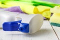 Cleaning Equipment lay on wooden table Royalty Free Stock Photo
