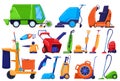 Cleaning equipment, maintenance service appliance, sweeper for house and street, vector illustration