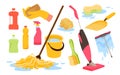 Cleaning equipment and tools to clean household set, chemical detergent and sponge Royalty Free Stock Photo