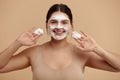 Cleaning Face. Caucasian Plus Size Woman Cleaning Facial Skin with Foam Soap Royalty Free Stock Photo