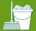 cleaning flat icon. broom sweeps dust, mop or swab, feather duster, plastic bucket and bubbles. Cleaning services