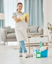 Cleaning floor, house work and woman working in home service mopping living room, doing job with smile and happy to Royalty Free Stock Photo