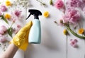 cleaning floral wooden sprayer background holding aring concept white spring glove hand