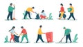 Cleaning garbage. Cartoon characters sorting and recycling waste and trash, collecting rubbish. Vector people picking up