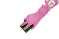 Hand in pink rubber glove with scrubbing sponge Royalty Free Stock Photo