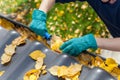 Cleaning gutters from leaves Royalty Free Stock Photo