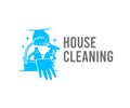 Cleaning, hand holds a bucket of cleaners and detergents, logo design. Sanitizing, disinfecting, hygiene and cleanliness, vector d Royalty Free Stock Photo