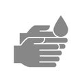 Cleaning hands with disinfectant grey icon. Cleaning supply, palms disinfection symbol