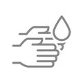 Cleaning hands with disinfectant line icon. Cleaning supply, palms disinfection symbol