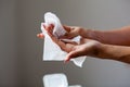 Cleaning hands and fingers with wet wipes Royalty Free Stock Photo