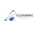 Cleaning, hands holding a vacuum cleaner with brilliance of purity, logo design. Steam mop and cleaning service, vector design Royalty Free Stock Photo