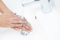 Cleaning Hands. Washing hand under the faucet with water Pay dirt Cleaning germs  bacteria and virus Royalty Free Stock Photo