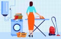 Cleaning house flat vector illustration, cartoon woman housekeeper character working, lady ironing clothes stack on iron Royalty Free Stock Photo