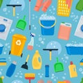 Cleaning the house. Washing things. Seamless background. Vector illustration with infinitely repeating elements