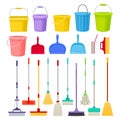 Cleaning Household Equipment with Bucket, Broom, Mop and Dustpan Big Vector Set