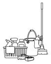 Cleaning and hygiene equipment icons in black and white