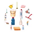 Cleaning icons set detergents, cartoon style