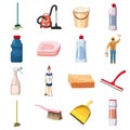 Cleaning icons set detergents, cartoon style