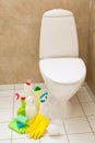 Cleaning items gloves brush white toilet bowl bathroom Royalty Free Stock Photo