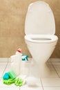 Cleaning items gloves brush white toilet bowl bathroom Royalty Free Stock Photo