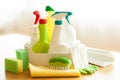 Cleaning items household spray brush sponge glove Royalty Free Stock Photo